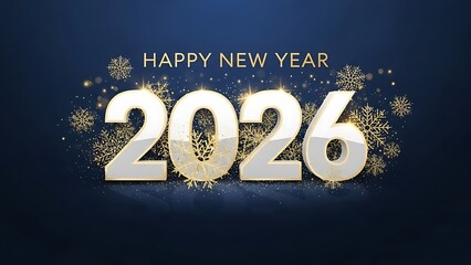 Happy new year 2026 celebration with golden glitter and festive snowflakes on a blue background