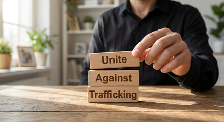 Environmental Awareness and Social Responsibility Concept with Wooden Blocks on Anti-Trafficking Message