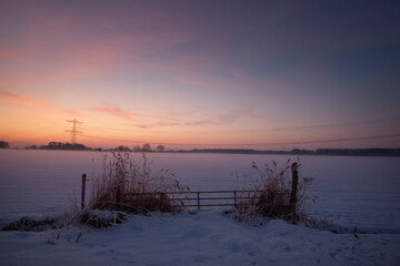 Misty winter sunrise over snowy field with frosty gate, reeds and distant power lines under pastel pink and blue sky