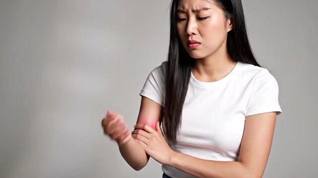 Young Woman Experiencing Sudden Arm Pain and Discomfort in a Series of Expressions Varied Postures