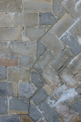 This is a close-up shot of gray and beige rectangular bricks arranged in a precise herringbone pattern. White mortar highlights the diagonal layout, creating a dense, geometric surface texture.
