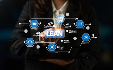 Business professional presenting a conceptual overview of lean management with digital tools and icons, highlighting strategies for efficiency and waste reduction. Tessel