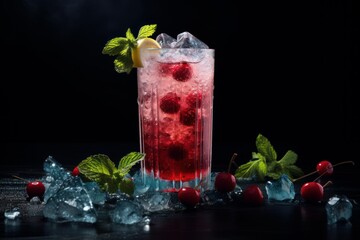 Vibrant red cocktail is garnished with fresh mint, lemon, raspberries, and ice, creating a refreshing summer drink