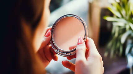 Elegant woman checking her reflection in a compact makeup mirror, close-up portrait showing self-care, confidence, and beauty routine.