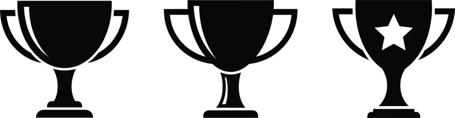 Black trophy cup silhouette icons set representing awards, winners, achievements, success concepts, and competition symbols vector illustration.