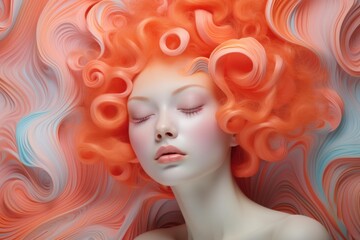Fashion portrait of a beautiful woman with orange hair lying on a wavy background