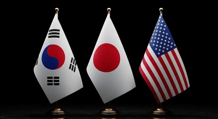 Flags of South Korea, Japan, and USA: Symbol of Alliance and Geopolitical Cooperation on Dark Background