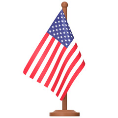The USA flag on a short wooden stand 3D Icon Illustration. Low Poly Style