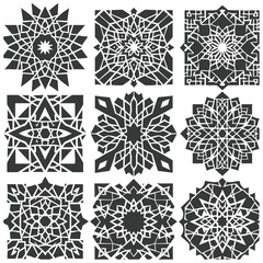 intricate geometric designs arranged in various patterns.  