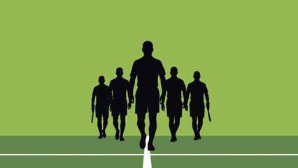 Silhouettes of people walking and playing football on a green field vector illustration