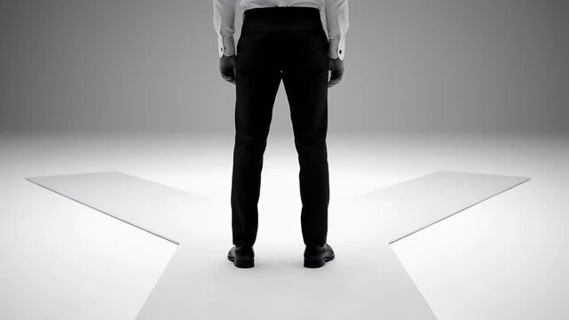 Monochromatic CGI Businessman Standing at a Fork in the Road