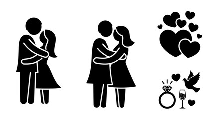 Love's Embrace: An array of artistic illustrations captures the essence of love, from a couple's tender embrace to the iconic symbols of hearts, rings, and a dove, conveying romance, commitment.