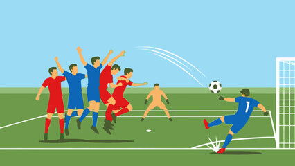 Soccer Game Illustration: An exciting soccer game illustration depicting players in action. A focused player kicking the soccer ball toward the goal post. 