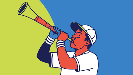 Fanfare's Anthem: An illustration of a dedicated fan, completely engrossed, passionately blowing a vuvuzela. Captured with dynamic lines and a vibrant palette, celebrating the spirit of the sport.