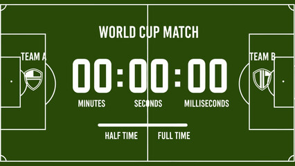 Countdown to Kickoff: The digital clock counts down the seconds, the stage is set for a thrilling world cup match. The field is ready and teams anticipate the start
