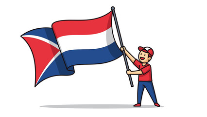 A cartoon person in red and blue clothes happily waving a Dutch flag with a stylized red and white triangle on a white background.