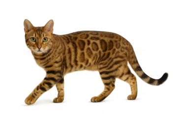 Bengal cat walking with distinctive spotted and striped fur pattern, looking forward on transparent background