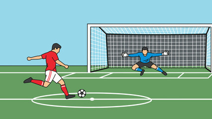 Goal Strike Showdown: A vivid display of athletic prowess as a soccer player prepares to strike the ball toward the goal, with the goalkeeper poised for defense.