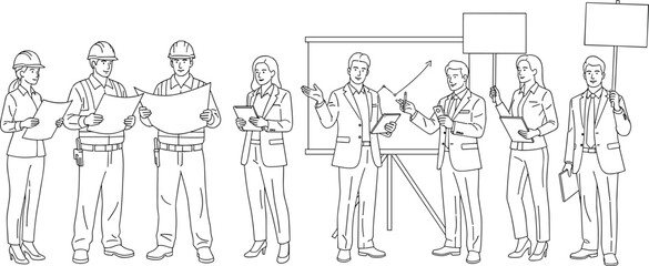 Construction workers, business meeting, protest scene, professional roles, workplace diversity, blueprint and graph, flat vector illustration