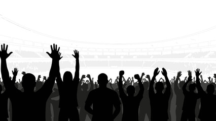 Excited Silhouette Crowd: A silhouette crowd stands with hands raised high in the air, creating a striking visual, perfect for capturing the essence of excitement and enthusiasm