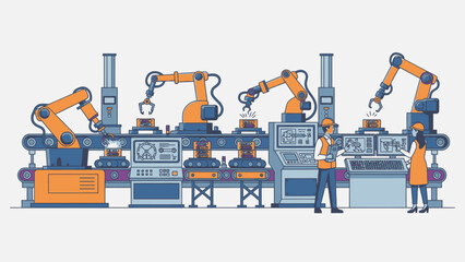 Robotic Assembly Line: An illustration of a modern industrial scene, showcasing automated processes with advanced machinery and human interaction in a manufacturing setting.