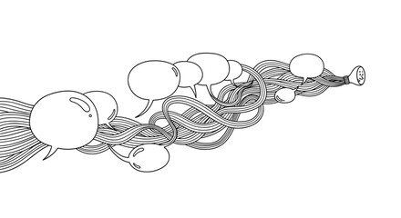 Conceptual hand-drawn artwork showing many speech bubbles emerging in a tangled stream from a single source, symbolizing mass communication.