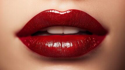 Fototapeta premium Close-up of beautiful woman lips with red ombre lipstick, soft matte texture and sensual makeup look, fashion and beauty background.