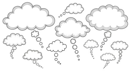 Fototapeta premium Set of vintage-style thought bubbles and speech balloons with a distinctive crosshatch shading effect for a retro comic book feel.