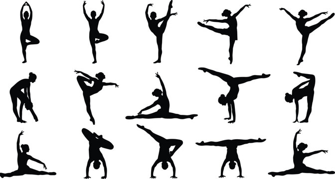 Dance poses, gymnastics moves, flexibility, balance, strength, silhouette figures, dynamic motion, artistic expression, black shapes, flat vector illustration