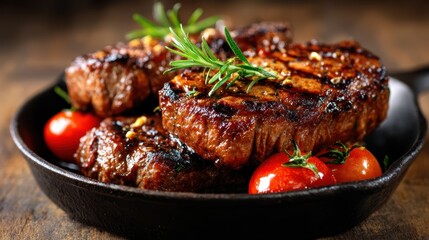 A sizzling platter of juicy grilled steaks garnished with rosemary and cherry tomatoes, capturing the essence of gourmet cooking and inviting food enthusiasts to indulge their senses.