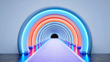 Dynamic abstract tunnel illuminated by colorful neon arcs, featuring a vibrant purple path stretching towards a mysterious dark opening in a modern, futuristic setting