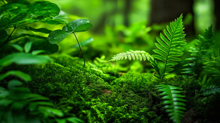 Macro close-up of lush green moss and fern leaves in forest environment, natural texture background symbolizing freshness and ecology.