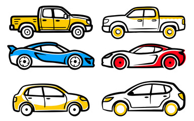 Collection of Diverse Vehicle Types: Pickup Truck, Sport Car, and Hatchback Illustrations
