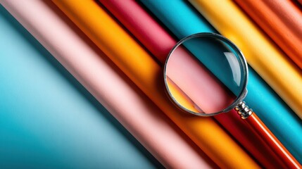 This vibrant arrangement of colorful papers showcases a magnifying glass, symbolizing curiosity and exploration in an artistic context of colors and textures.