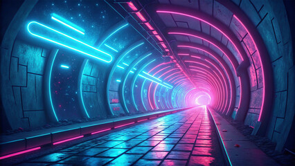 Fototapeta premium A mesmerizing long shot of a futuristic underground tunnel illuminated by vibrant, glowing blue and pink neon lights, creating an abstract and dynamic path forward