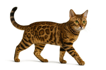 Bengal cat walking, domestic pet feline with spotted fur coat, exotic animal looking forward, transparent background