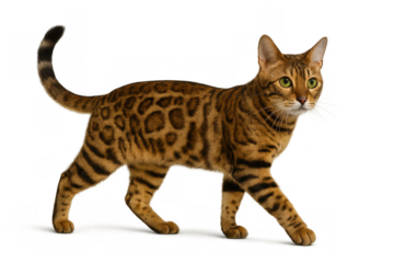 Bengal cat walking, domestic pet feline with spotted fur coat, exotic animal looking forward, transparent background