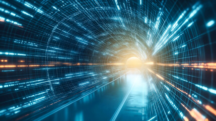 Futuristic digital tunnel made of flowing data streams and glowing circuits, symbolizing technology, internet speed, and innovation.