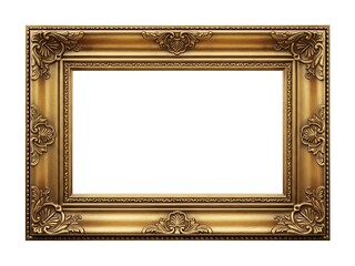 An elegant ornate golden picture frame with intricate decorative carvings on a white background