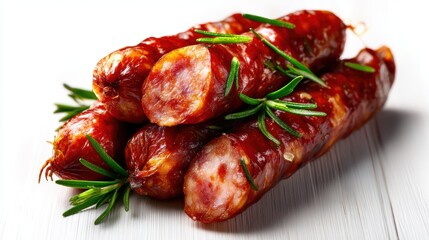 A mouthwatering display of spicy sausages garnished with fresh rosemary, showcasing vibrant colors and tempting textures perfect for food lovers.