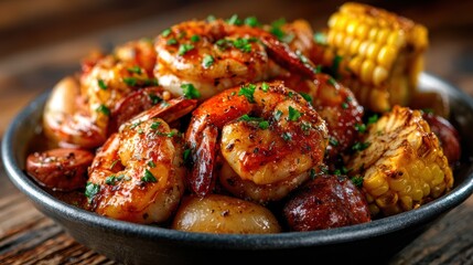 An appetizing bowl filled with vibrant shrimp, vegetables and spices, showcasing a mouth-watering combination of textures and colors that evoking a sense of culinary delight.