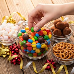 Hand reaching for colorful candy in a bowl surrounded by snacks