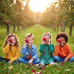 Four happy children sitting in an apple orchard holding red apples