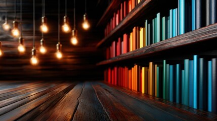 This image features a vibrant bookshelf filled with colorful books, beautifully illuminated by warm hanging lights, creating a cozy reading atmosphere perfect for any space.
