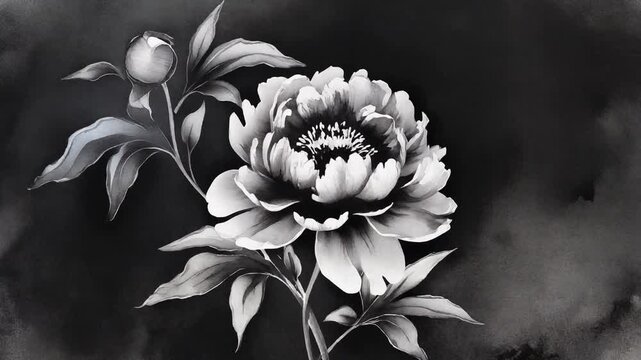 牡丹の花が咲く豪華な白黒墨絵動画