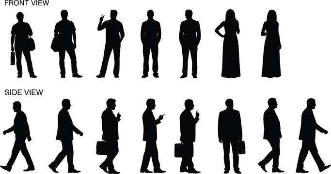Human silhouette poses, front view, side view, walking, standing, business people, gesture icons, vector posture reference, flat vector illustration