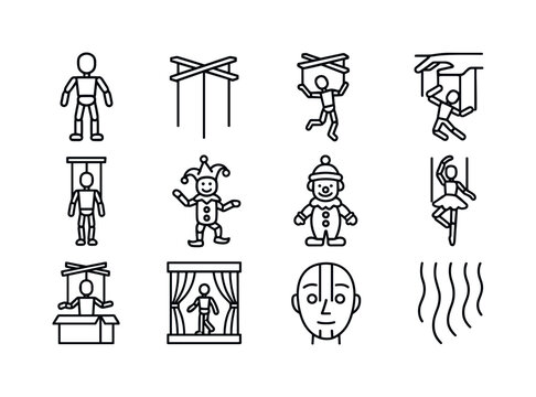Marionette Icon Collection. Marionettes. Line icon set of Marion