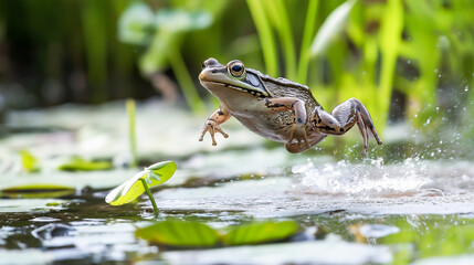 Green frog jumping over pond water in motion with nature background and splash effect
