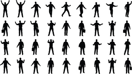 Human silhouette, body posture, walking pose, expressive gesture, briefcase, motion study, animation reference, flat vector illustration