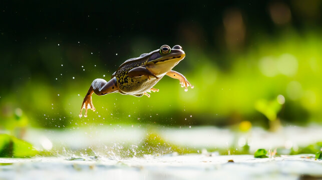 Green frog jumping over pond water in motion with nature background and splash effect
